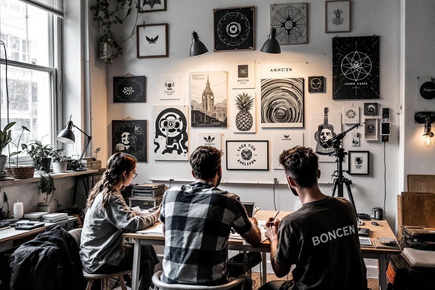 Trois personnes travaillant dans un espace de travail artistique