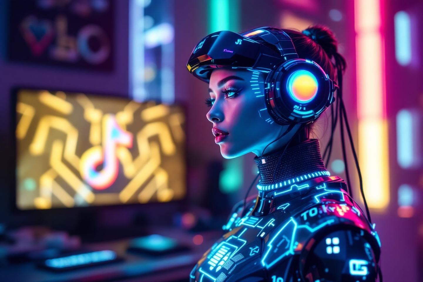 Femme cyberpunk avec des écouteurs high-tech devant un écran TikTok