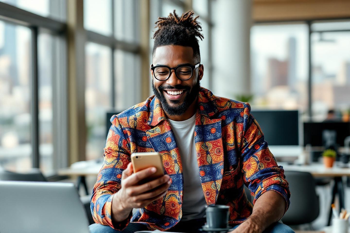 Homme à lunettes portant une chemise colorée, souriant avec un smartphone