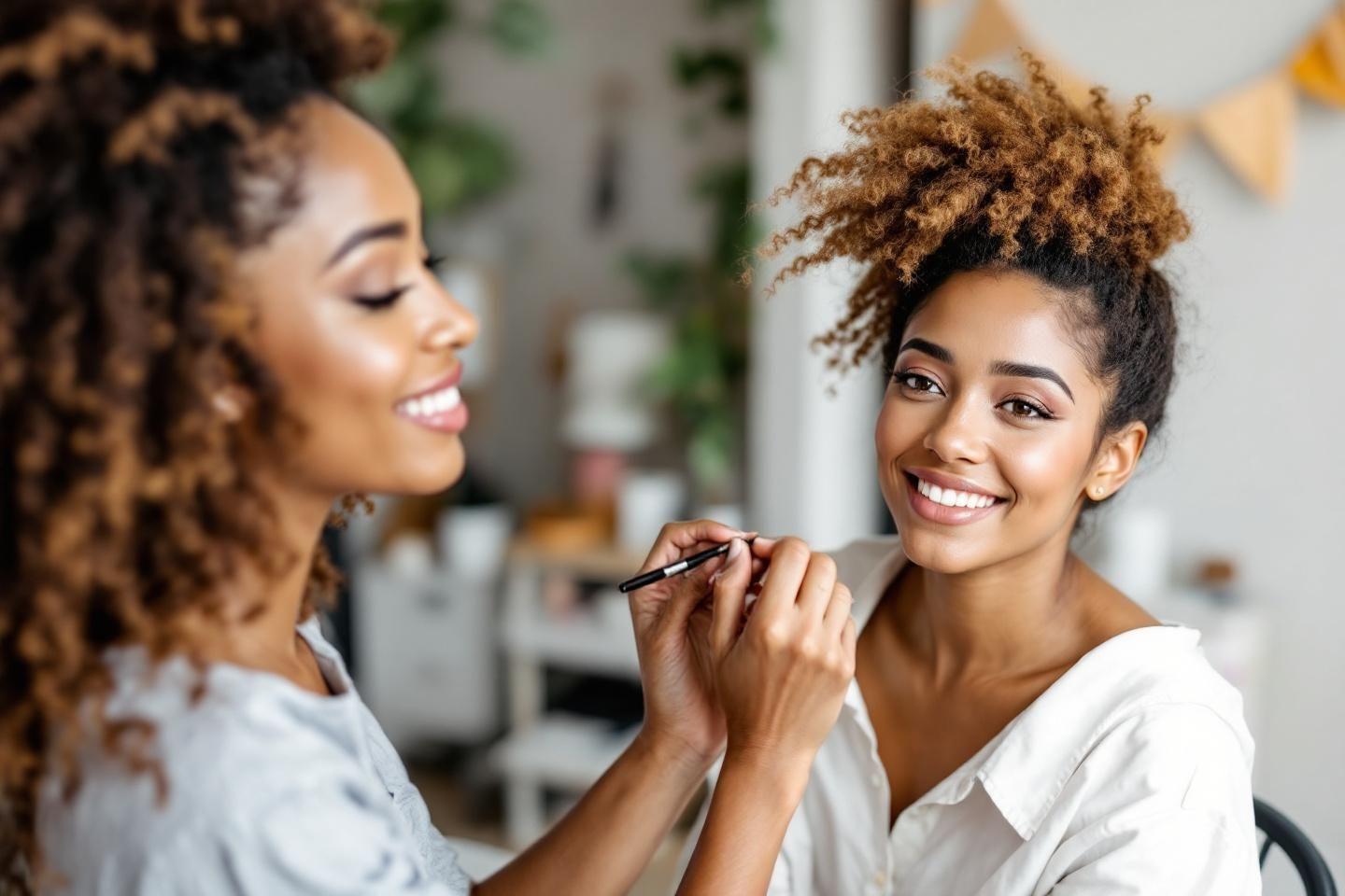 Deux femmes joyeuses faisant du maquillage dans un intérieur lumineux