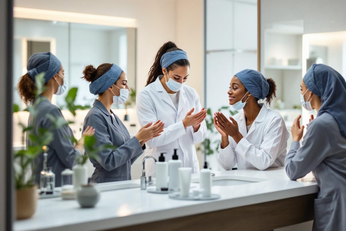 Personnels soignants portant des masques et applaudissant dans un laboratoire