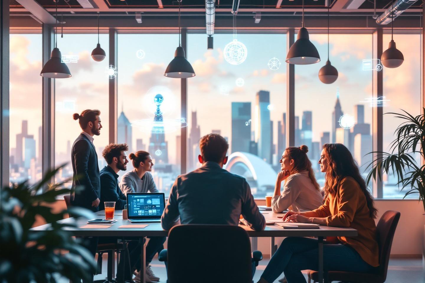 Groupe professionnels dans bureau contemporain avec vue ville