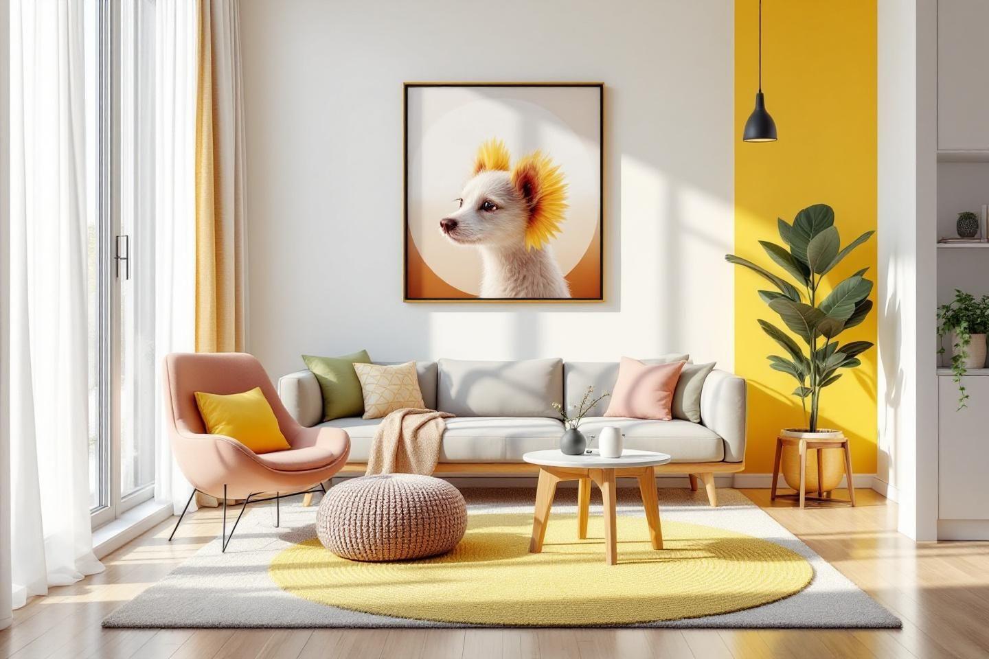 Intérieur scandinave avec canapé, fauteuil et tableau de chien
