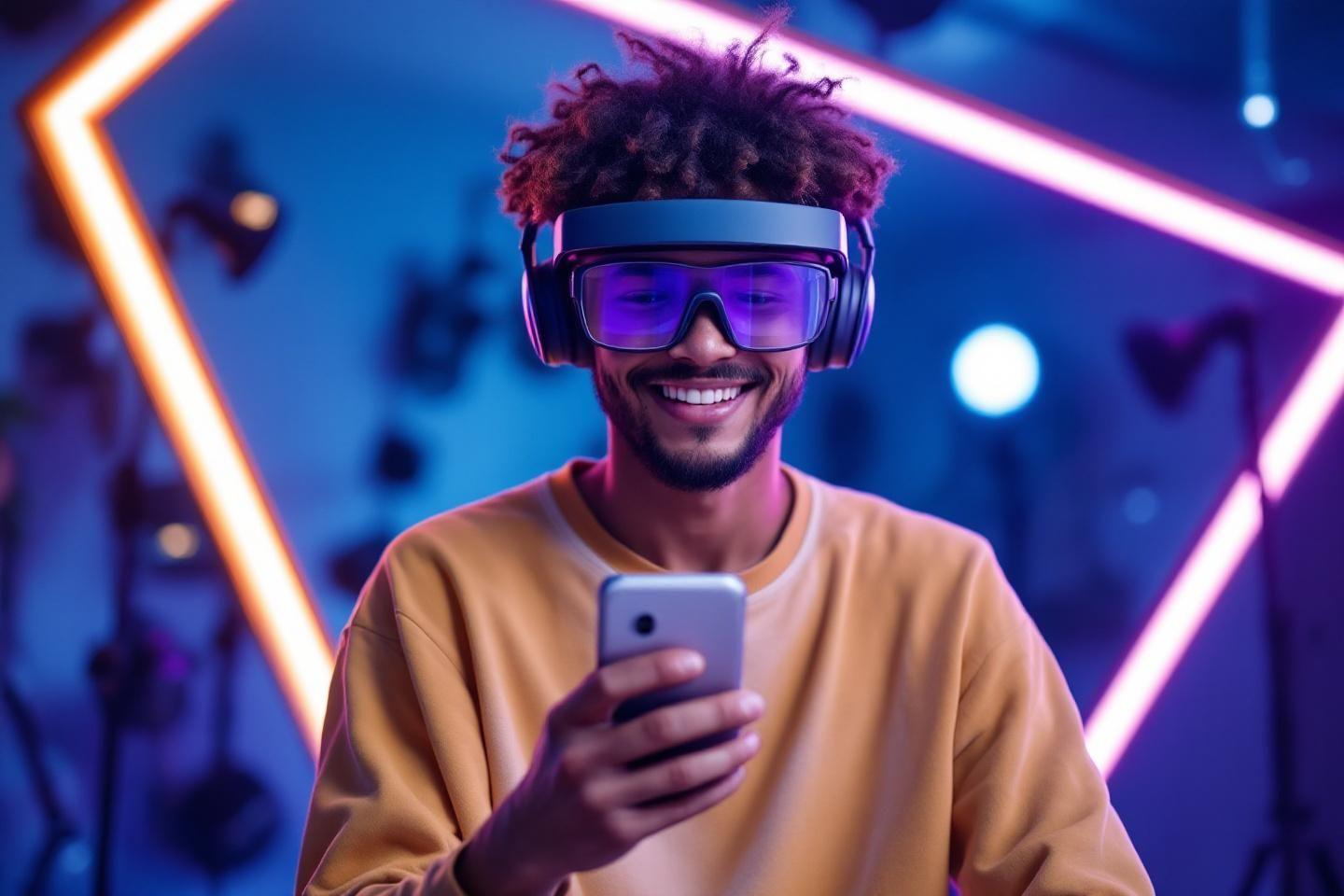 Homme portant des lunettes VR, souriant avec un smartphone