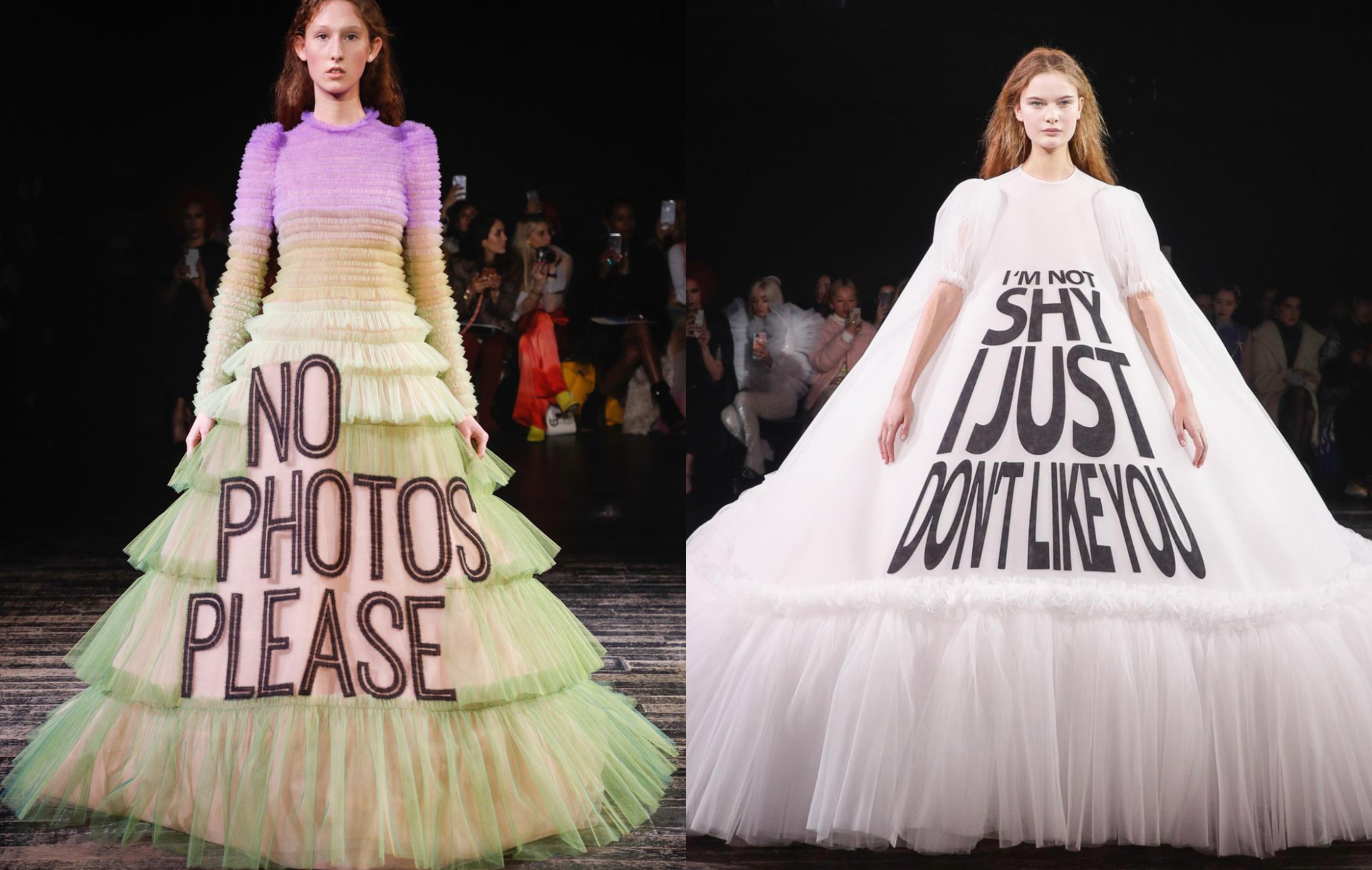 À l'occasion de la Fashion Week printemps-été 2019, la maison néerlandaise Viktor & Rolf a fait défiler ses mannequins aux mines serrées, dans de folles robes en tulle ornées de slogans féministes. À la suite de quoi les internautes se sont emparés des clichés pour les détourner en mèmes sur Twitter. 