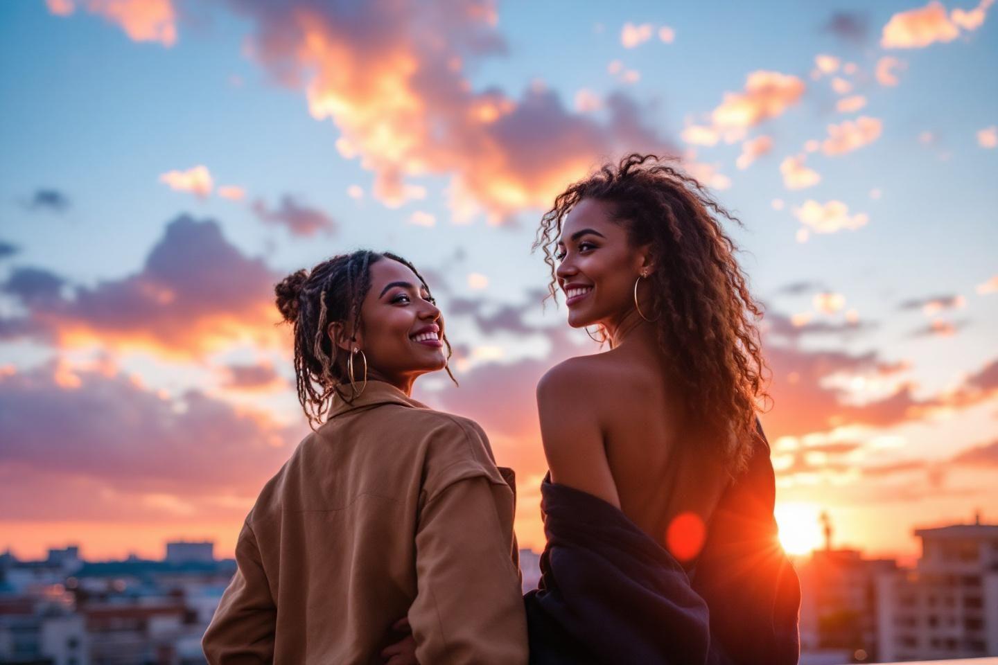 Deux femmes admirant le ciel coloré du soir