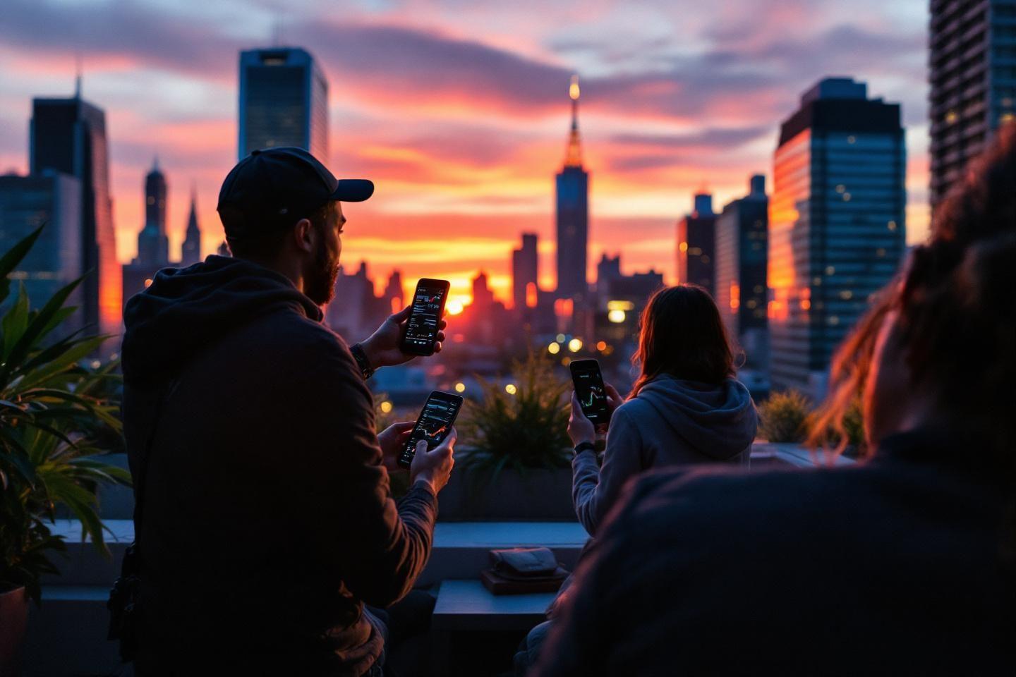 Personnes regardant un panorama de ville au crépuscule