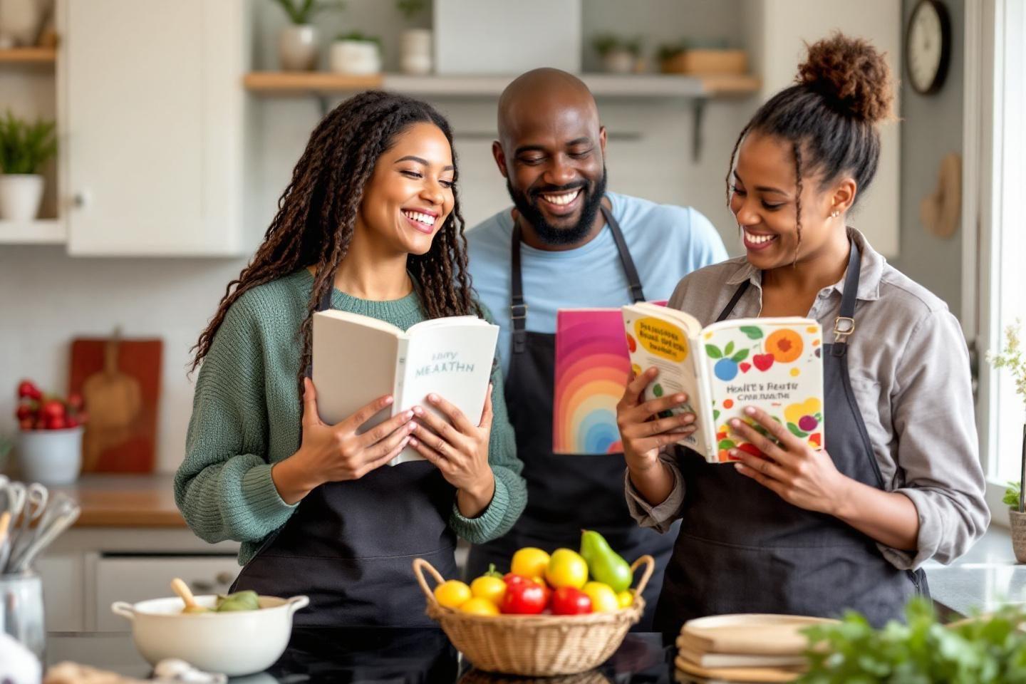 Trois personnes lisant des livres dans une cuisine lumineuse