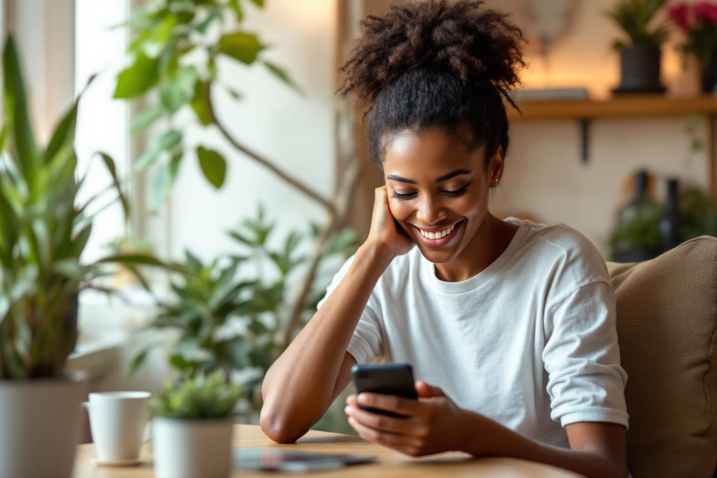 Jeune femme heureuse regardant son téléphone près des plantes