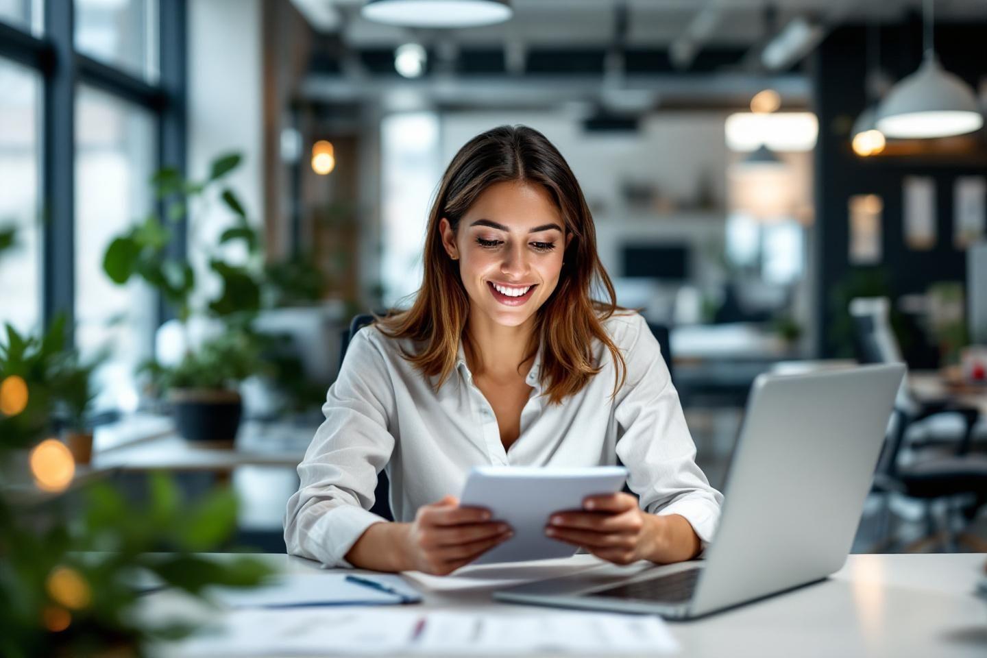 Employée heureuse utilisant une tablette et un ordinateur portable