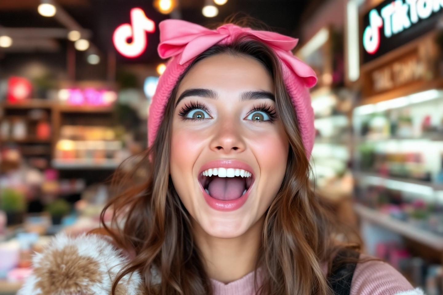 Femme souriante avec nœud rose, expression enthousiaste en magasin