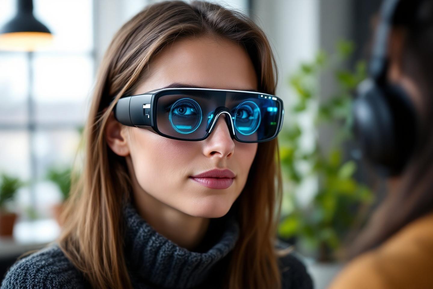 Personne portant des lunettes numériques avec affichage bleu cyan