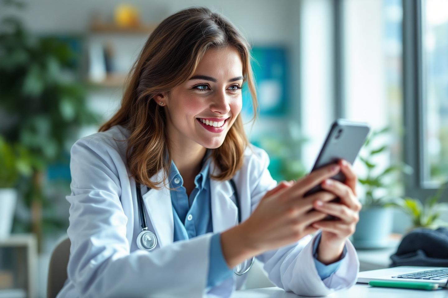 Praticienne en blouse blanche regardant son téléphone avec plaisir