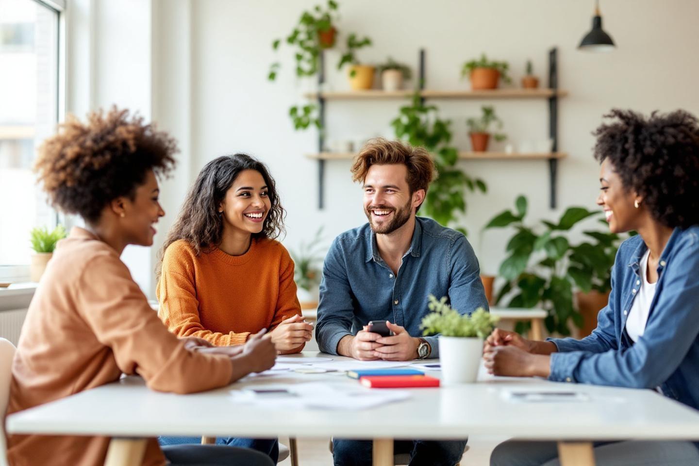 Quatre personnes autour d'une table discutant avec enthousiasme