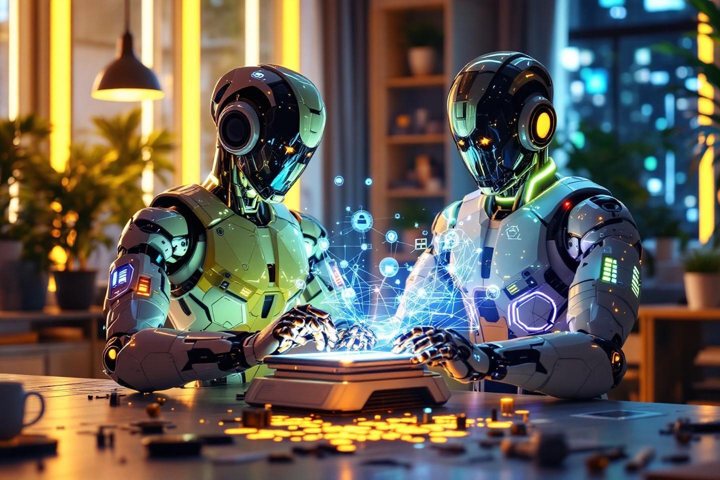 Deux robots technologiques travaillant ensemble avec des hologrammes