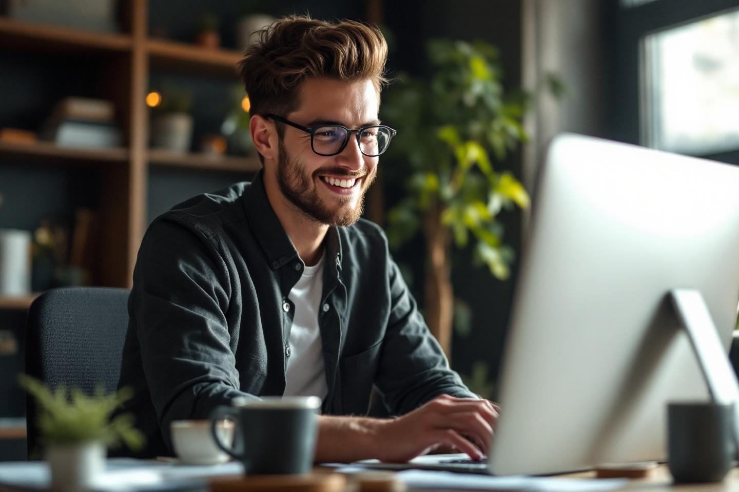 Jeune homme souriant au bureau avec ordinateur et café