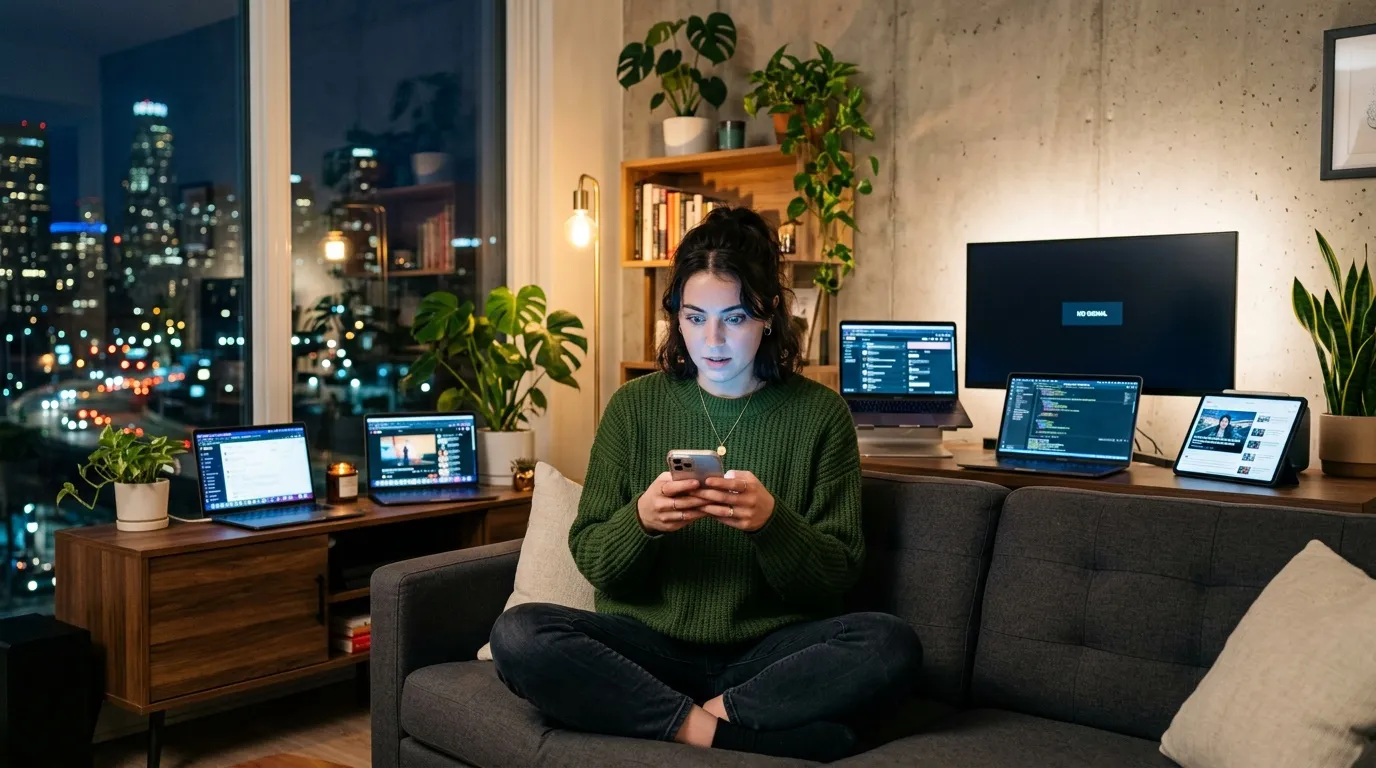 Femme avec téléphone, entourée d'écrans de code, vue urbaine nocturne