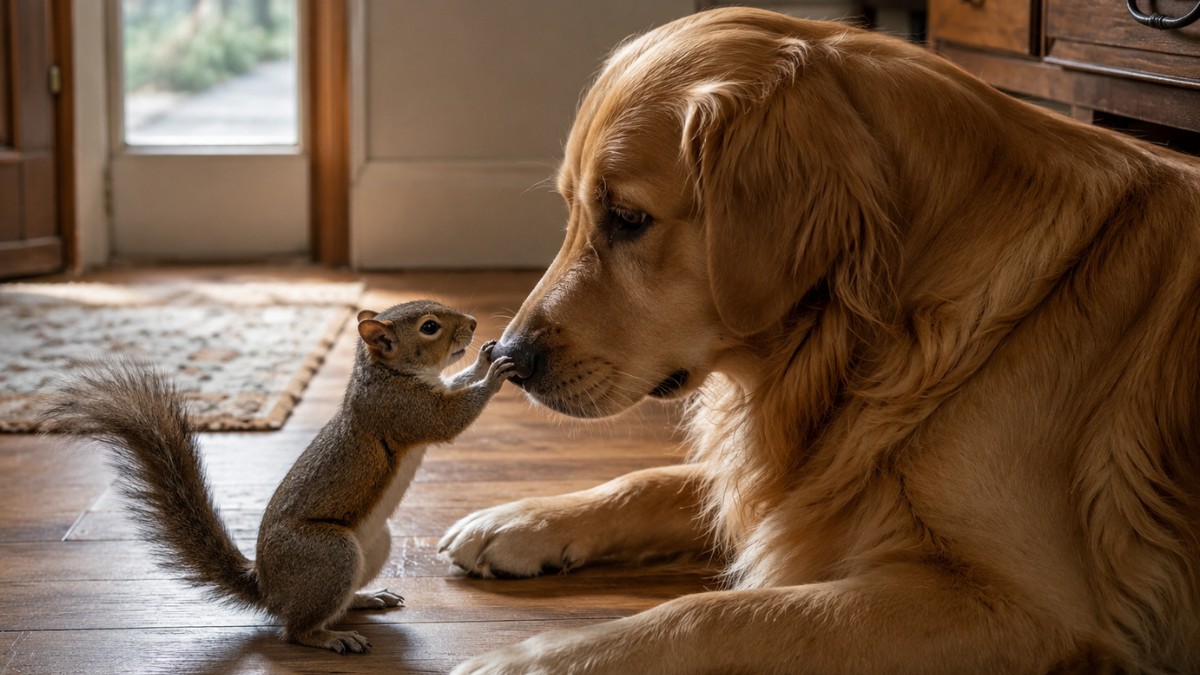 écureuil qui joue avec une chienne